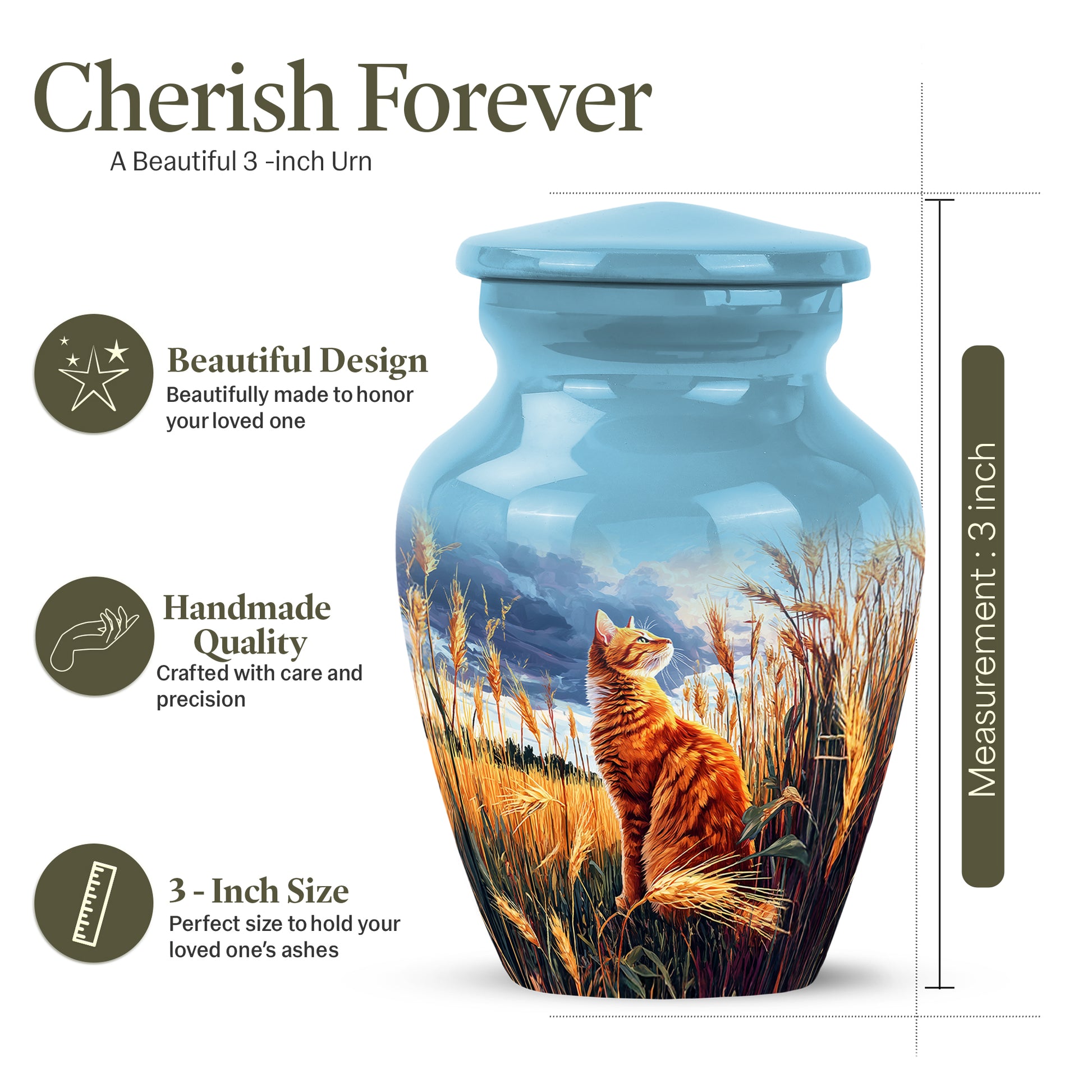 Bright Blue Cat Cremation Urn close-up of engraving and surface detail - elegant classic cat relief with fine detailing - mini keepsake memorial for portion of cremation ashes