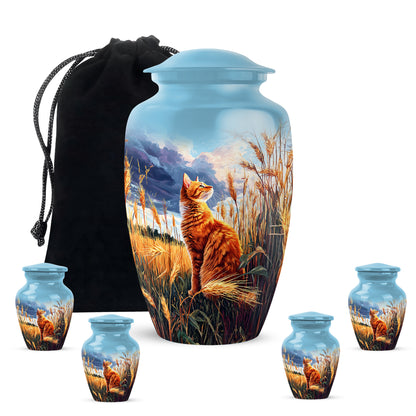 Cornflower Blue Cat Cremation Urn top-down view of secure threaded lid - traditional cat engraving with hand-polished finish - memorial set with one large and four small urns