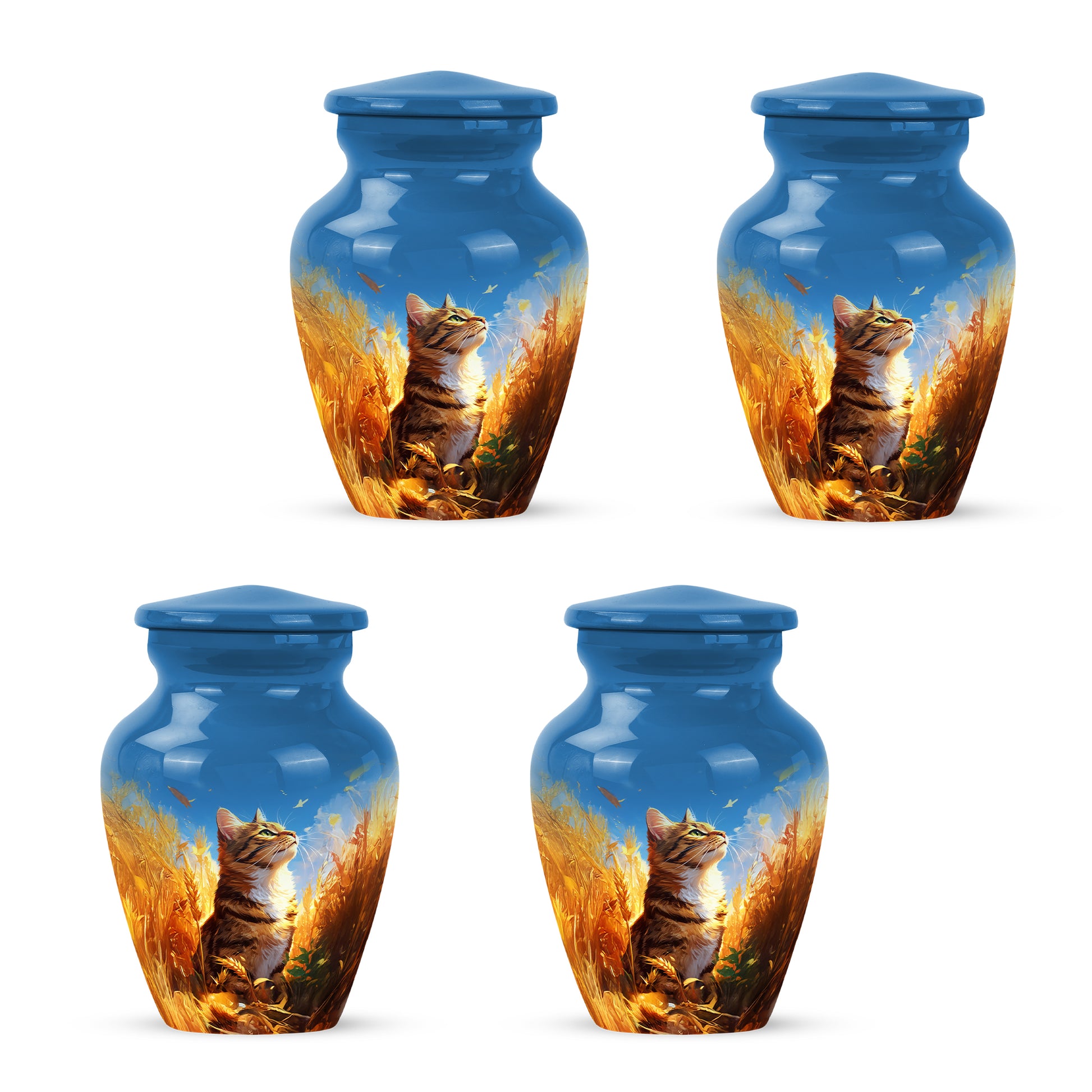 Twilight Blue Cat Cremation Urn side profile showing urn shape - elegant classic cat relief with fine detailing - 10 inch aluminum urn for cremated remains