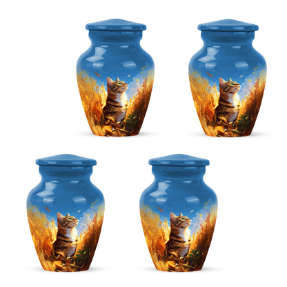 Twilight Blue Cat Cremation Urn side profile showing urn shape - elegant classic cat relief with fine detailing - 10 inch aluminum urn for cremated remains