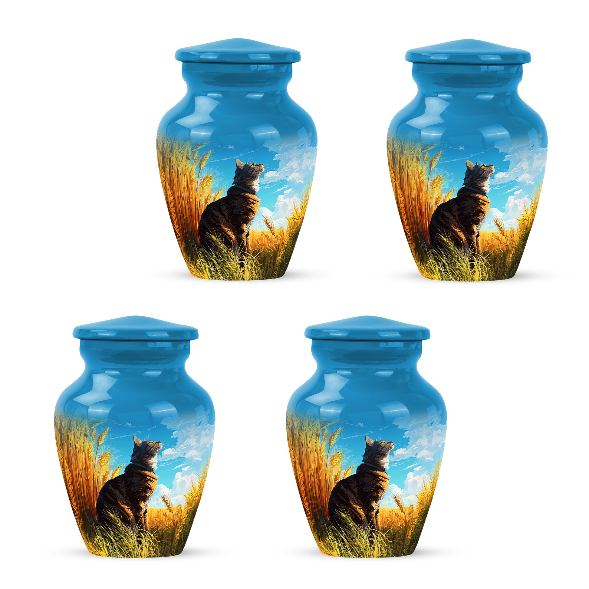 Indigo Cat Cremation Urn side profile showing urn shape - timeless cat motif etched into premium metal - 10 inch aluminum urn for cremated remains