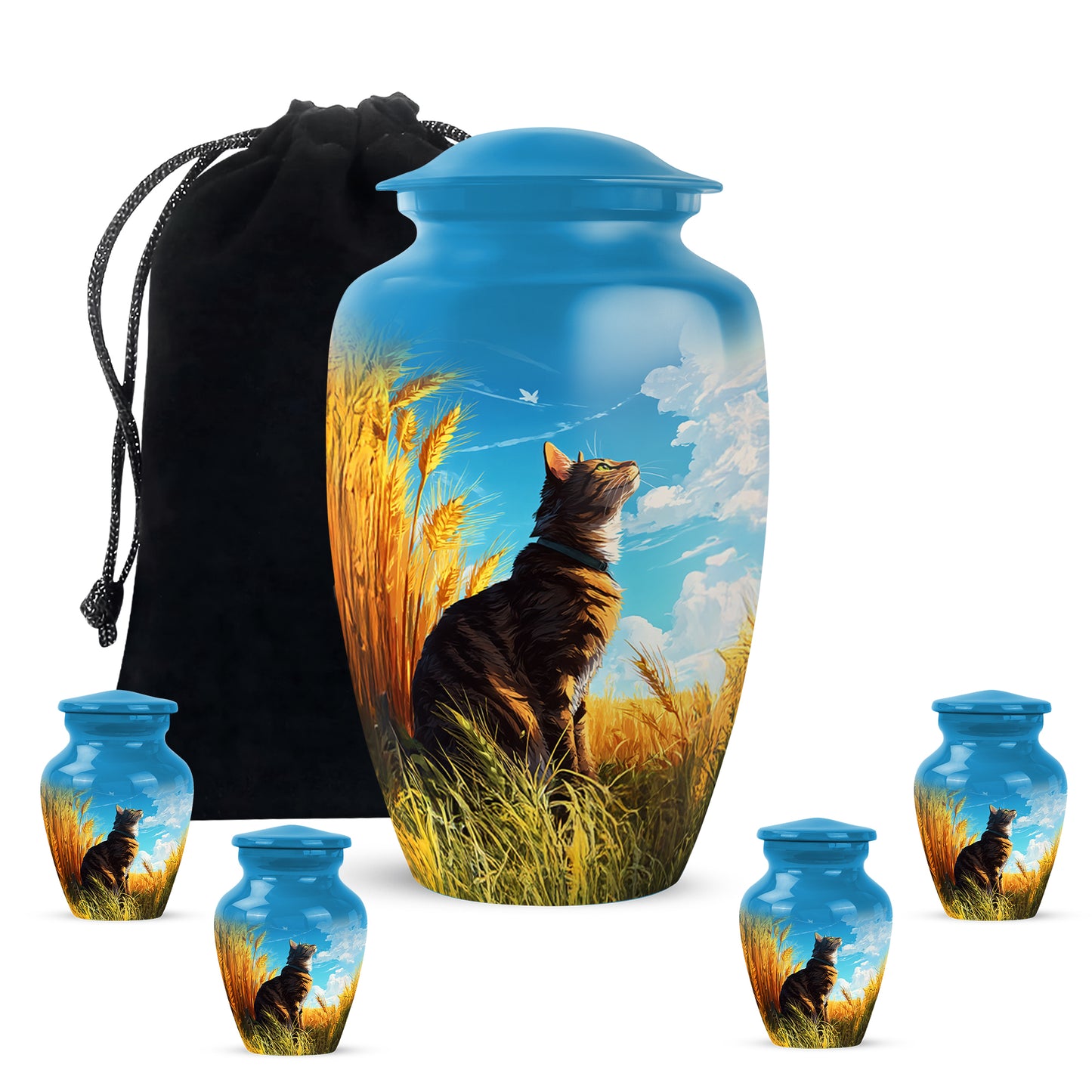 Sky Blue Cat Cremation Urn top-down view of secure threaded lid - timeless cat motif etched into premium metal - memorial set with one large and four small urns