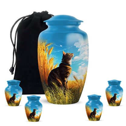 Sky Blue Cat Cremation Urn top-down view of secure threaded lid - timeless cat motif etched into premium metal - memorial set with one large and four small urns