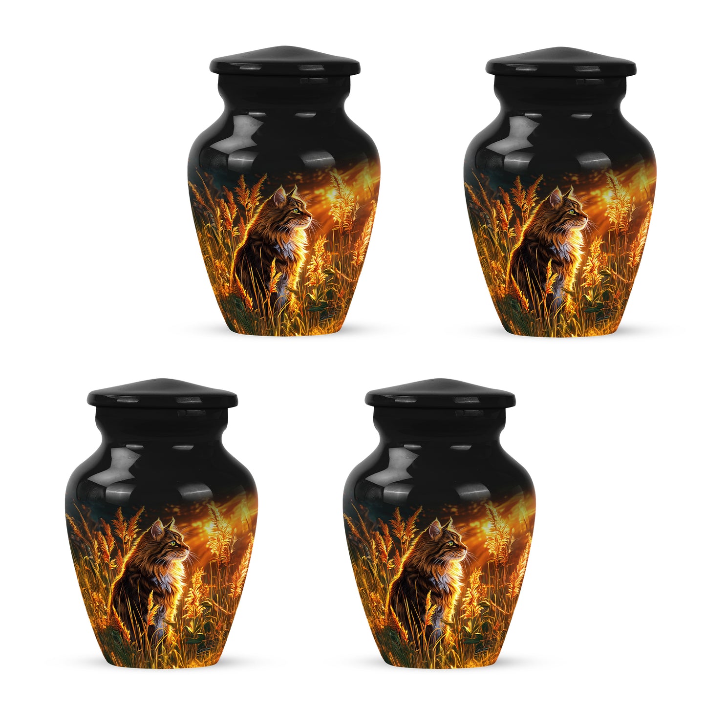 Obsidian Black Cat Cremation Urn side profile showing urn shape - traditional cat engraving with hand-polished finish - 10 inch aluminum urn for cremated remains