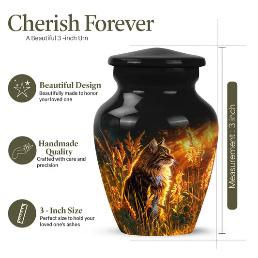 Rich Black Cat Cremation Urn close-up of engraving and surface detail - classic sculpted cat pattern on smooth aluminum - mini keepsake memorial for portion of cremation ashes