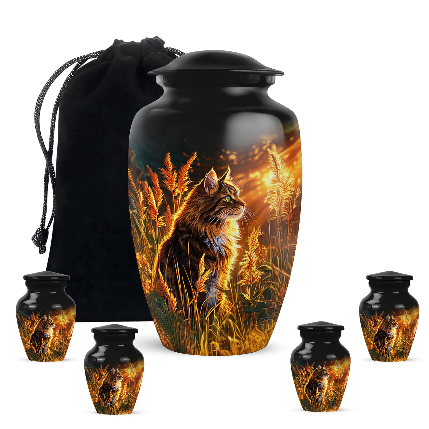 Obsidian Black Cat Cremation Urn top-down view of secure threaded lid - traditional cat engraving with hand-polished finish - memorial set with one large and four small urns