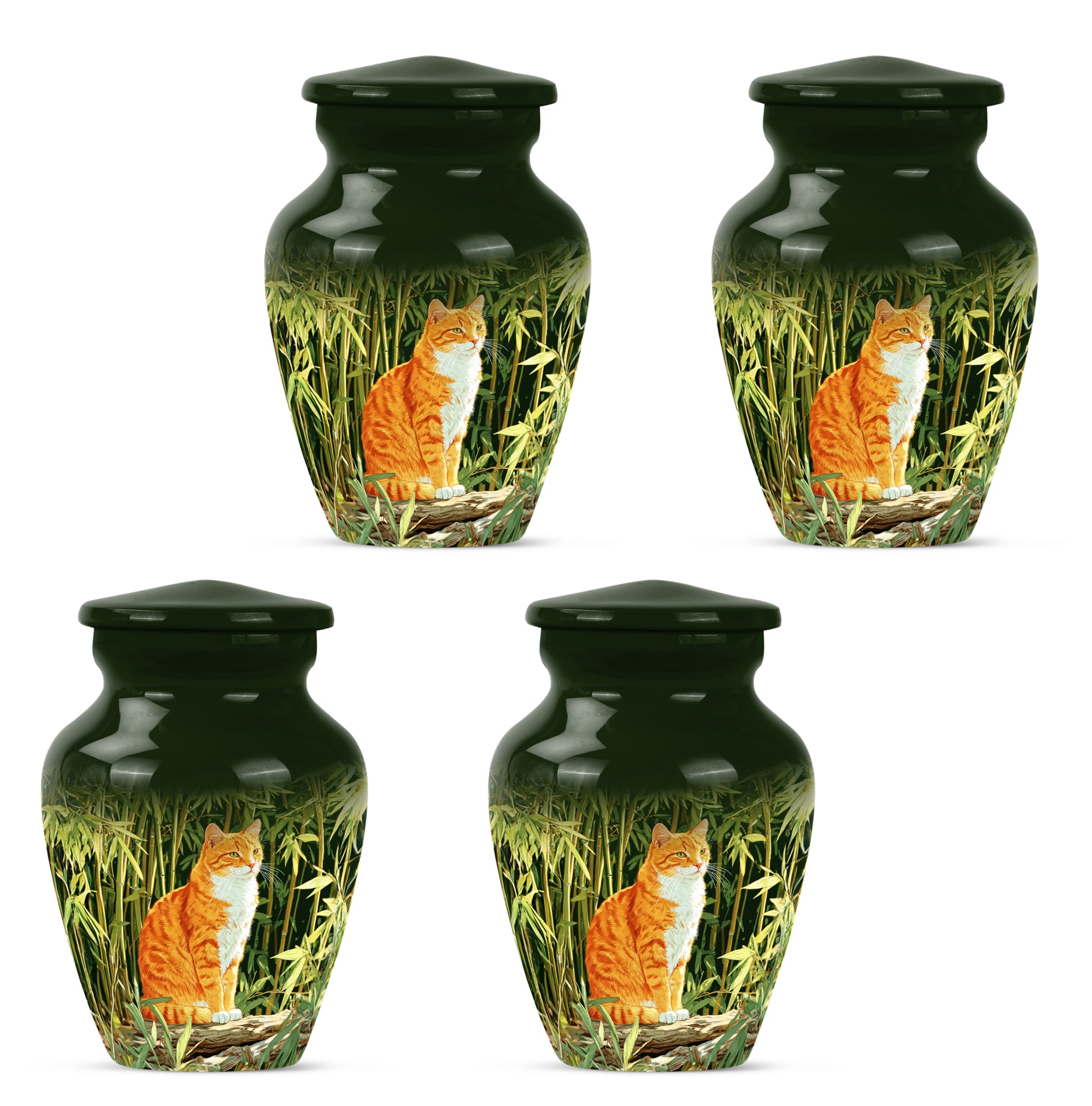 Verdant Green Cat Cremation Urn side profile showing urn shape - timeless cat motif etched into premium metal - 10 inch aluminum urn for cremated remains