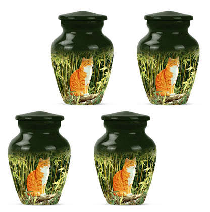 Verdant Green Cat Cremation Urn side profile showing urn shape - timeless cat motif etched into premium metal - 10 inch aluminum urn for cremated remains