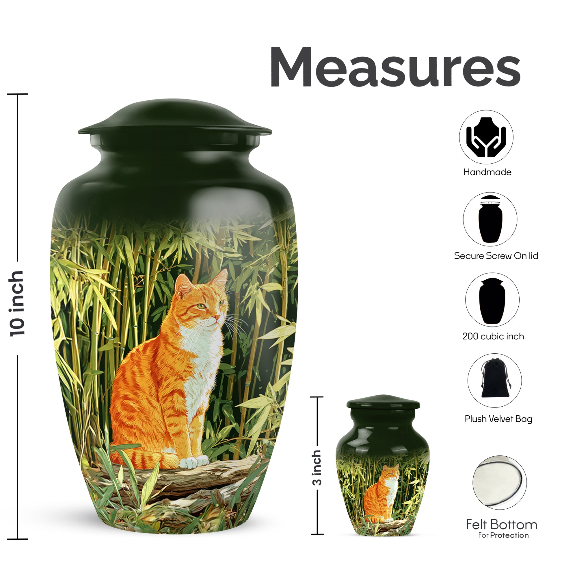 Emerald Green Cat Cremation Urn close-up of engraving and surface detail - classic sculpted cat pattern on smooth aluminum - mini keepsake memorial for portion of cremation ashes