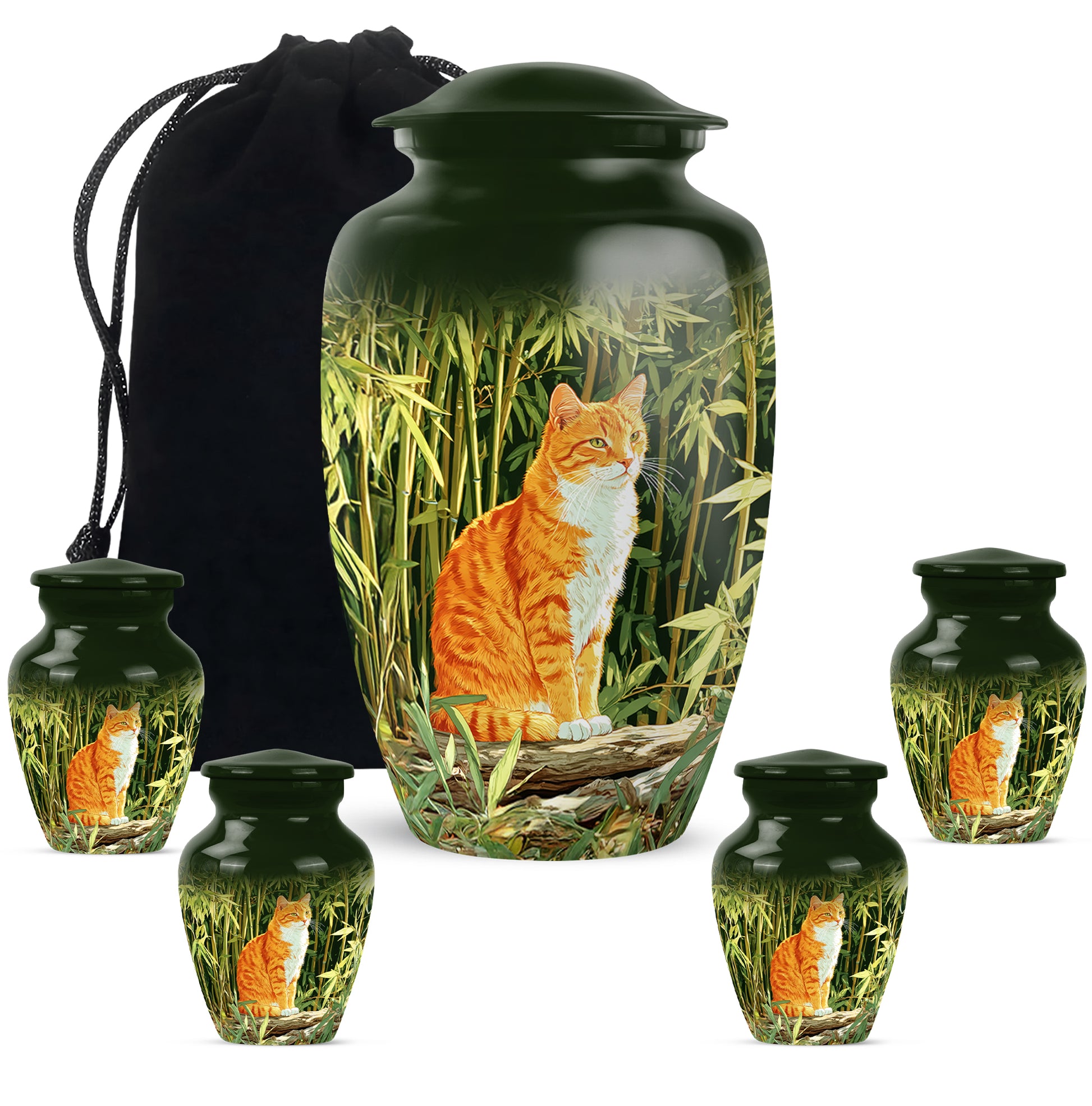Sage Green Cat Cremation Urn top-down view of secure threaded lid - timeless cat motif etched into premium metal - memorial set with one large and four small urns