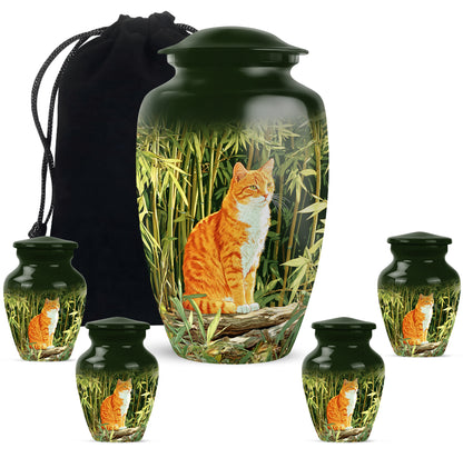 Sage Green Cat Cremation Urn top-down view of secure threaded lid - timeless cat motif etched into premium metal - memorial set with one large and four small urns