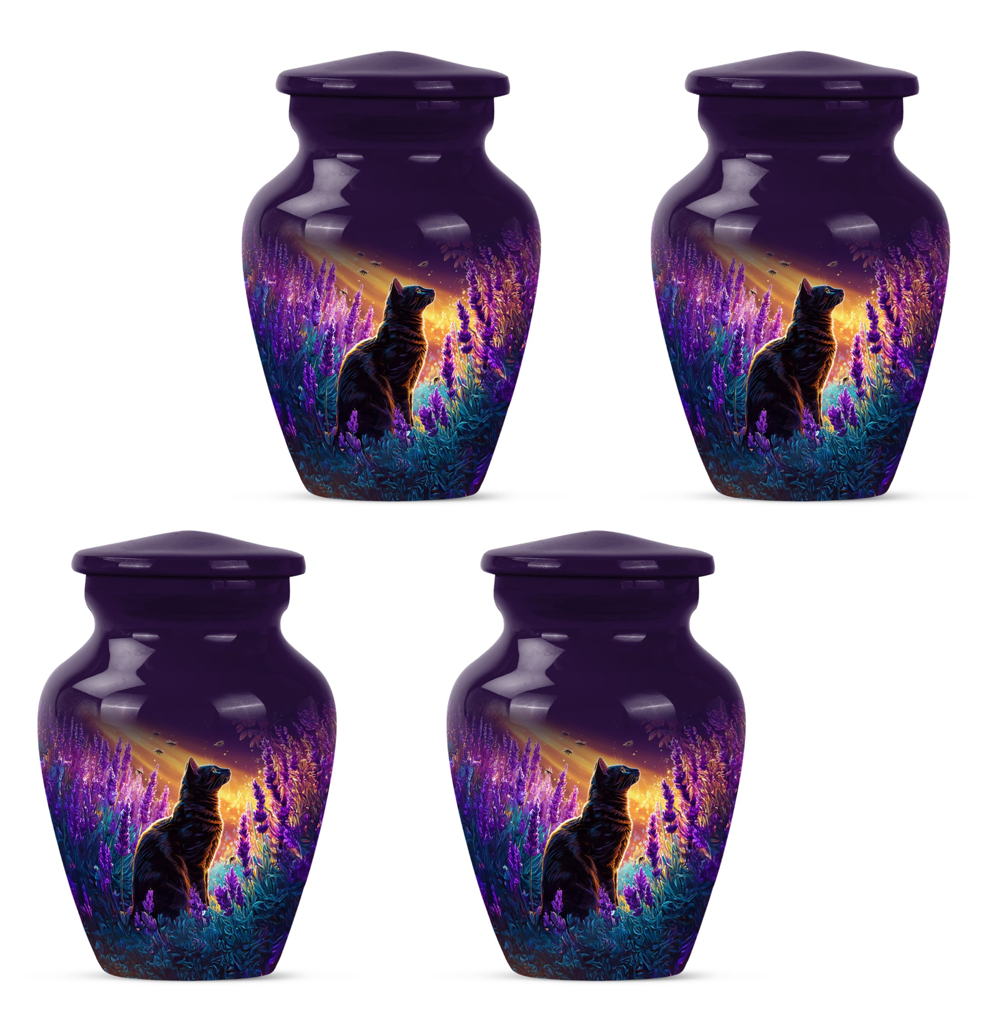 Plum Purple Cat Cremation Urn side profile showing urn shape - timeless cat motif etched into premium metal - 10 inch aluminum urn for cremated remains