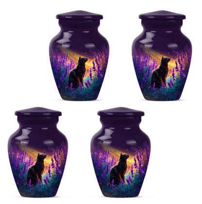 Plum Purple Cat Cremation Urn side profile showing urn shape - timeless cat motif etched into premium metal - 10 inch aluminum urn for cremated remains