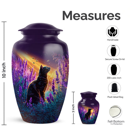 Orchid Purple Cat Cremation Urn close-up of engraving and surface detail - classic sculpted cat pattern on smooth aluminum - mini keepsake memorial for portion of cremation ashes