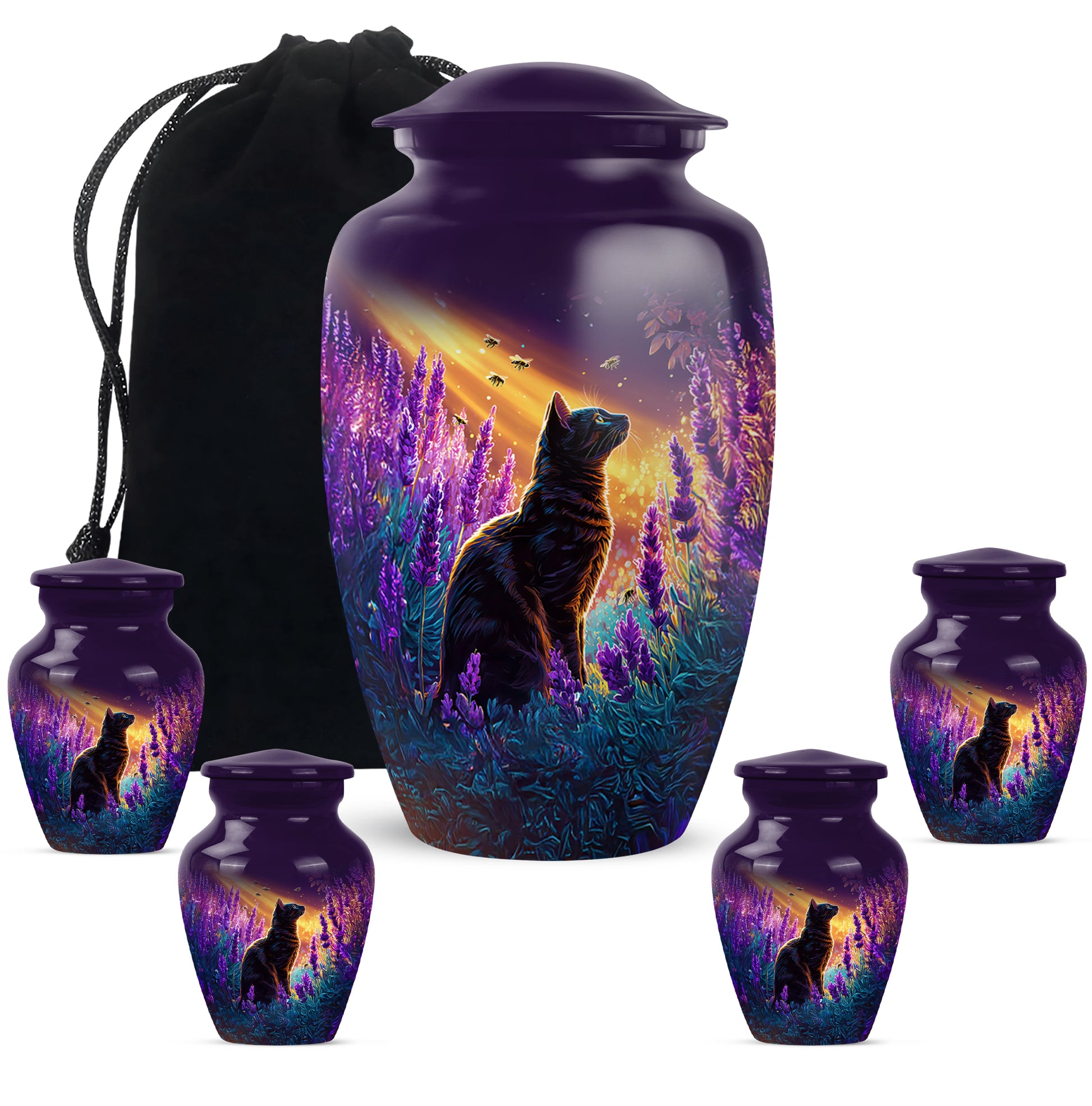Plum Purple Cat Cremation Urn top-down view of secure threaded lid - classic sculpted cat pattern on smooth aluminum - memorial set with one large and four small urns