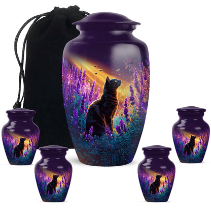Plum Purple Cat Cremation Urn top-down view of secure threaded lid - classic sculpted cat pattern on smooth aluminum - memorial set with one large and four small urns