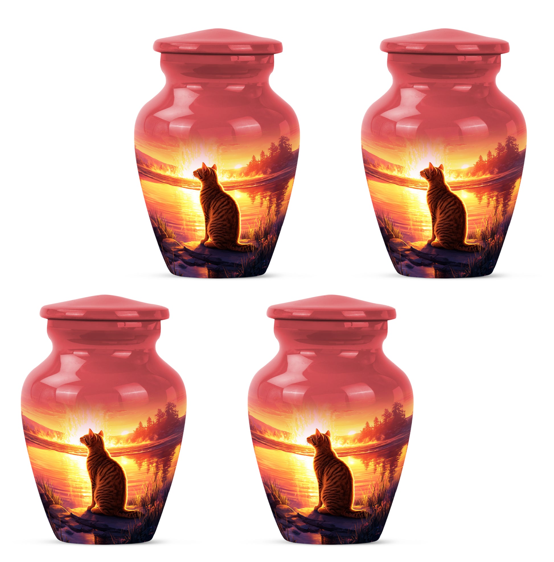 Cherry Red Cat Cremation Urn side profile showing urn shape - elegant classic cat relief with fine detailing - 10 inch aluminum urn for cremated remains