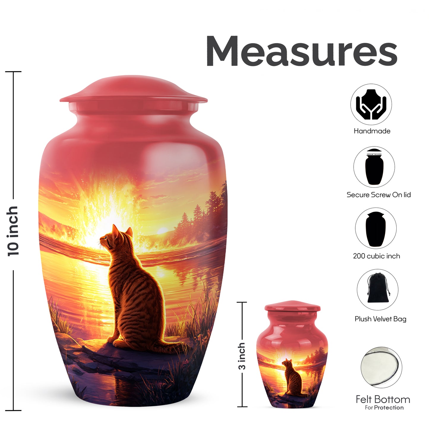Deep Red Cat Cremation Urn close-up of engraving and surface detail - classic sculpted cat pattern on smooth aluminum - mini keepsake memorial for portion of cremation ashes
