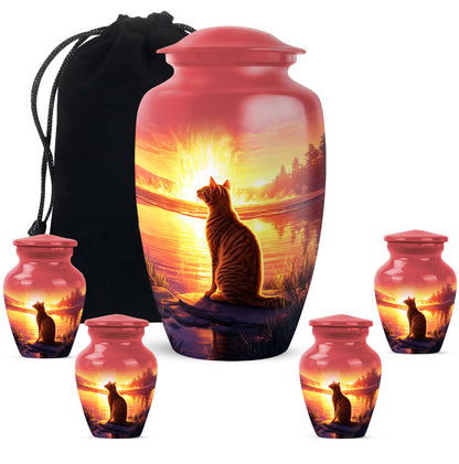 Ruby Red Cat Cremation Urn top-down view of secure threaded lid - elegant classic cat relief with fine detailing - memorial set with one large and four small urns