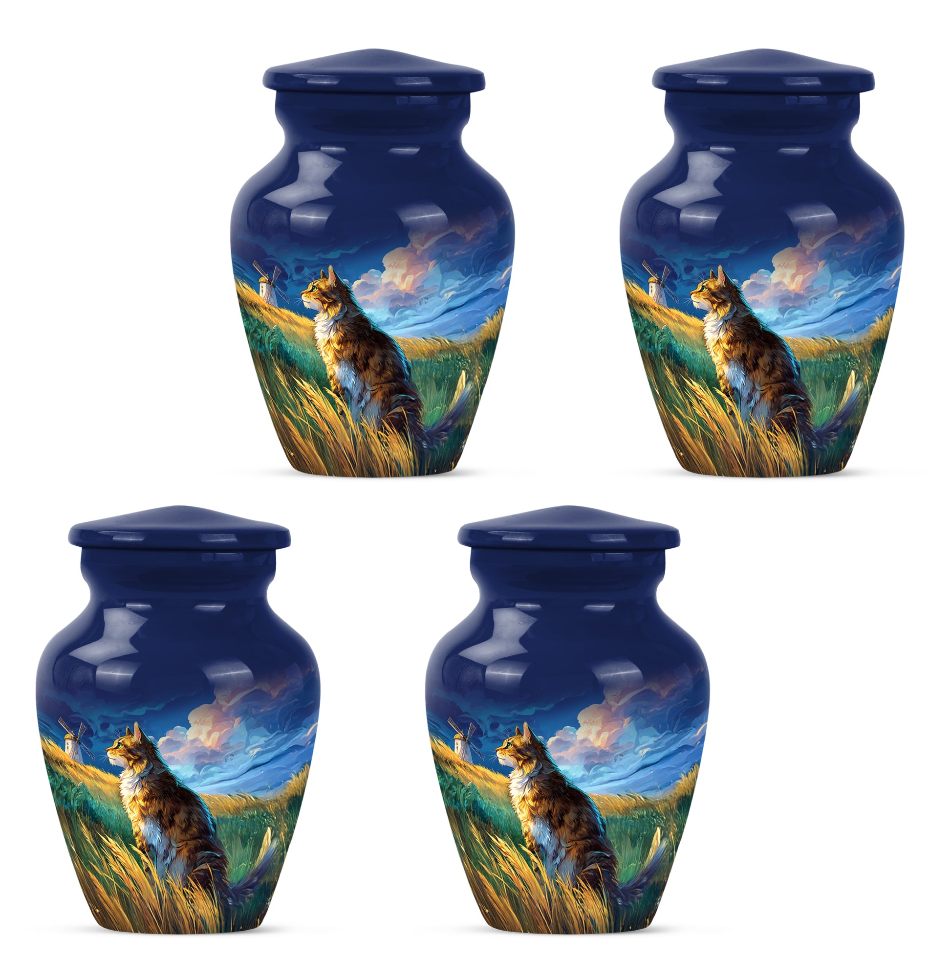 Sapphire Blue Cat Cremation Urn side profile showing urn shape - traditional cat engraving with hand-polished finish - 10 inch aluminum urn for cremated remains