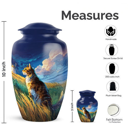 Misty Blue Cat Cremation Urn close-up of engraving and surface detail - classic sculpted cat pattern on smooth aluminum - mini keepsake memorial for portion of cremation ashes