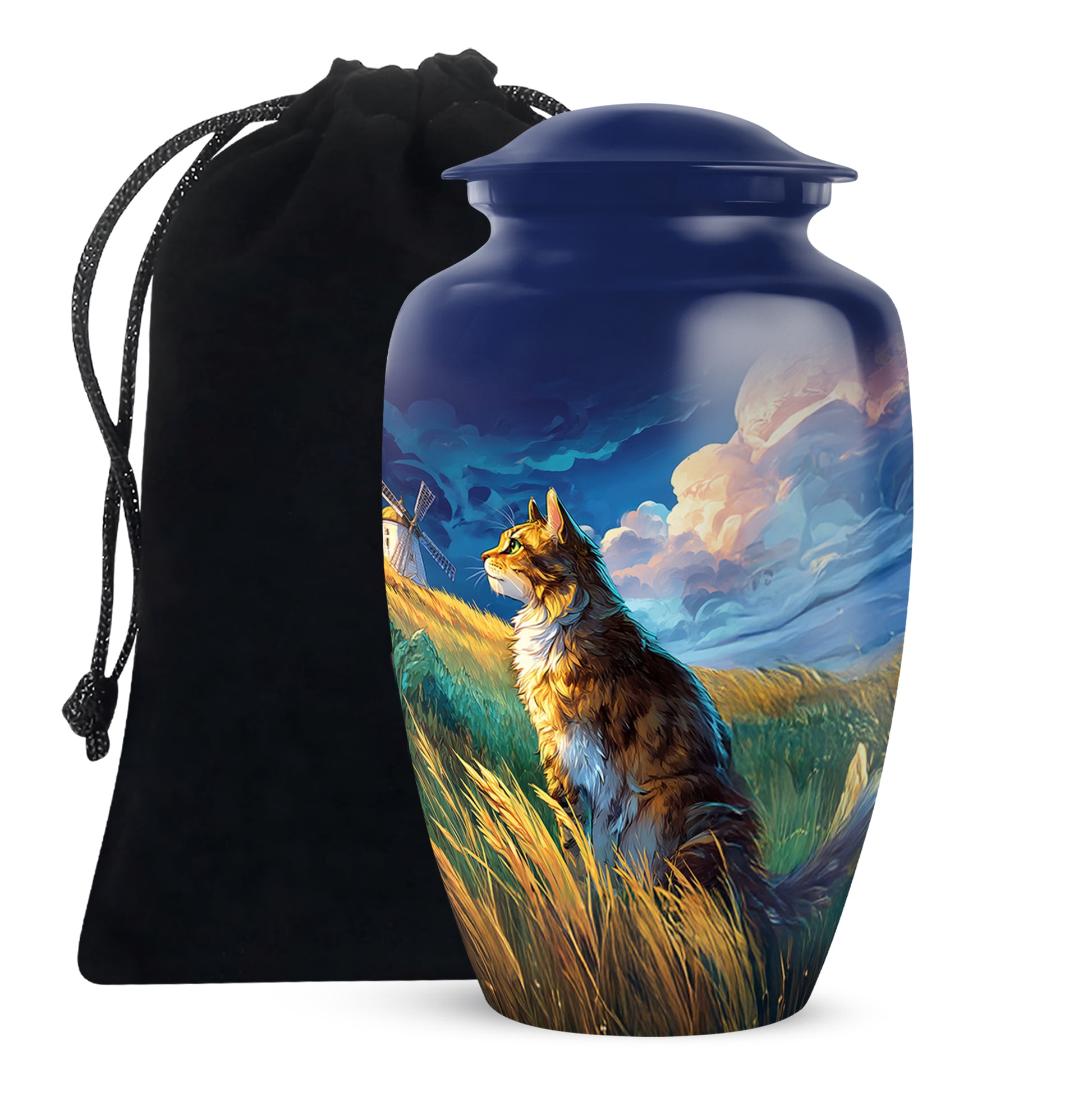 Vivid Blue Cat Cremation Urn angled view of lid and engraved motif - traditional cat engraving with hand-polished finish - full-size 10 inch 200 cubic inch adult cremation urn