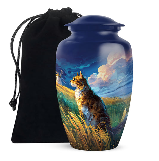 Vivid Blue Cat Cremation Urn angled view of lid and engraved motif - traditional cat engraving with hand-polished finish - full-size 10 inch 200 cubic inch adult cremation urn