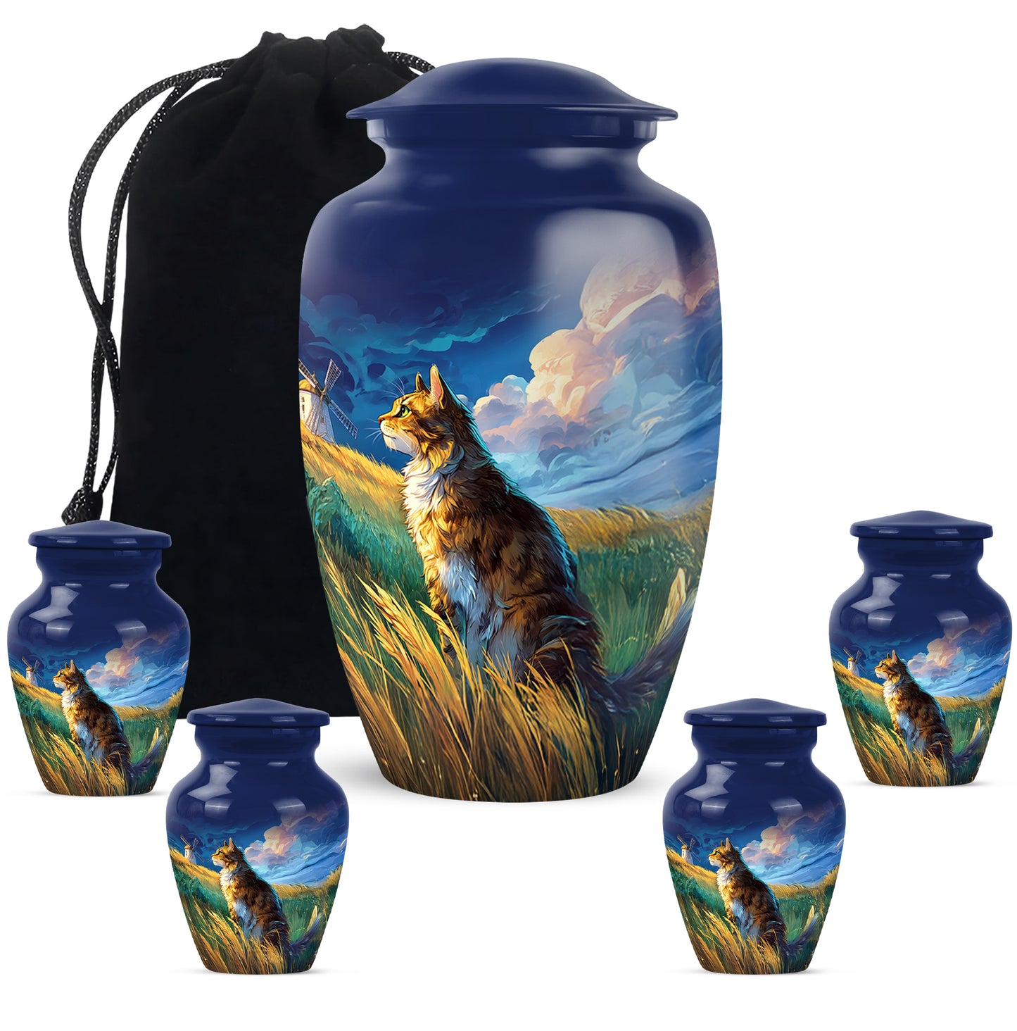 Vivid Blue Cat Cremation Urn top-down view of secure threaded lid - traditional cat engraving with hand-polished finish - memorial set with one large and four small urns