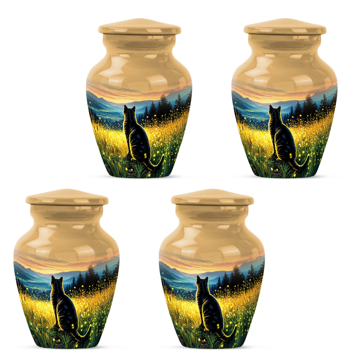 Champagne Gold Cat Cremation Urn side profile showing urn shape - classic sculpted cat pattern on smooth aluminum - 10 inch aluminum urn for cremated remains