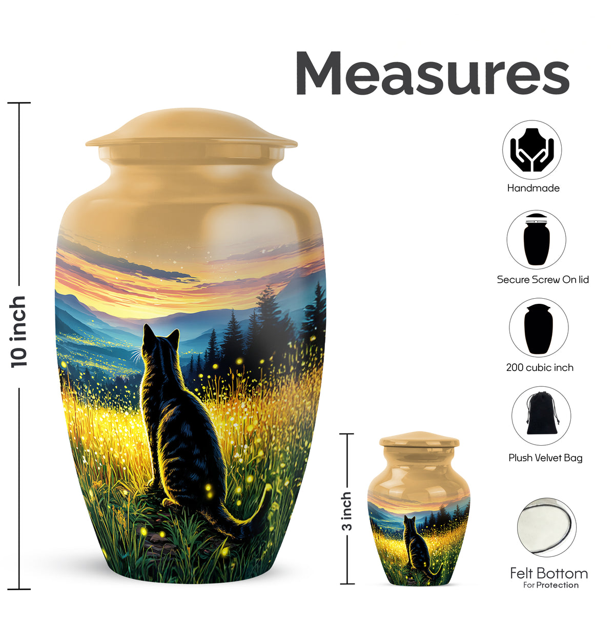 Gilded Gold Cat Cremation Urn close-up of engraving and surface detail - classic sculpted cat pattern on smooth aluminum - mini keepsake memorial for portion of cremation ashes