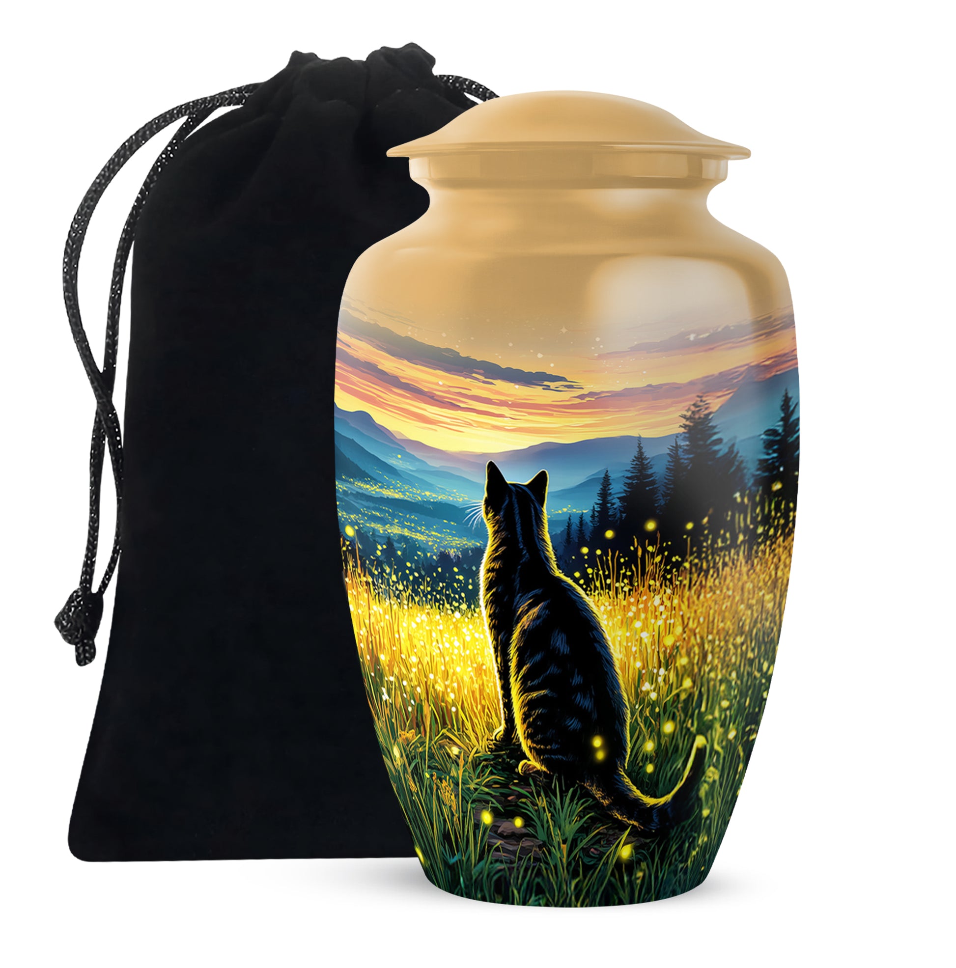 Amber Gold Cat Cremation Urn angled view of lid and engraved motif - timeless cat motif etched into premium metal - full-size 10 inch 200 cubic inch adult cremation urn