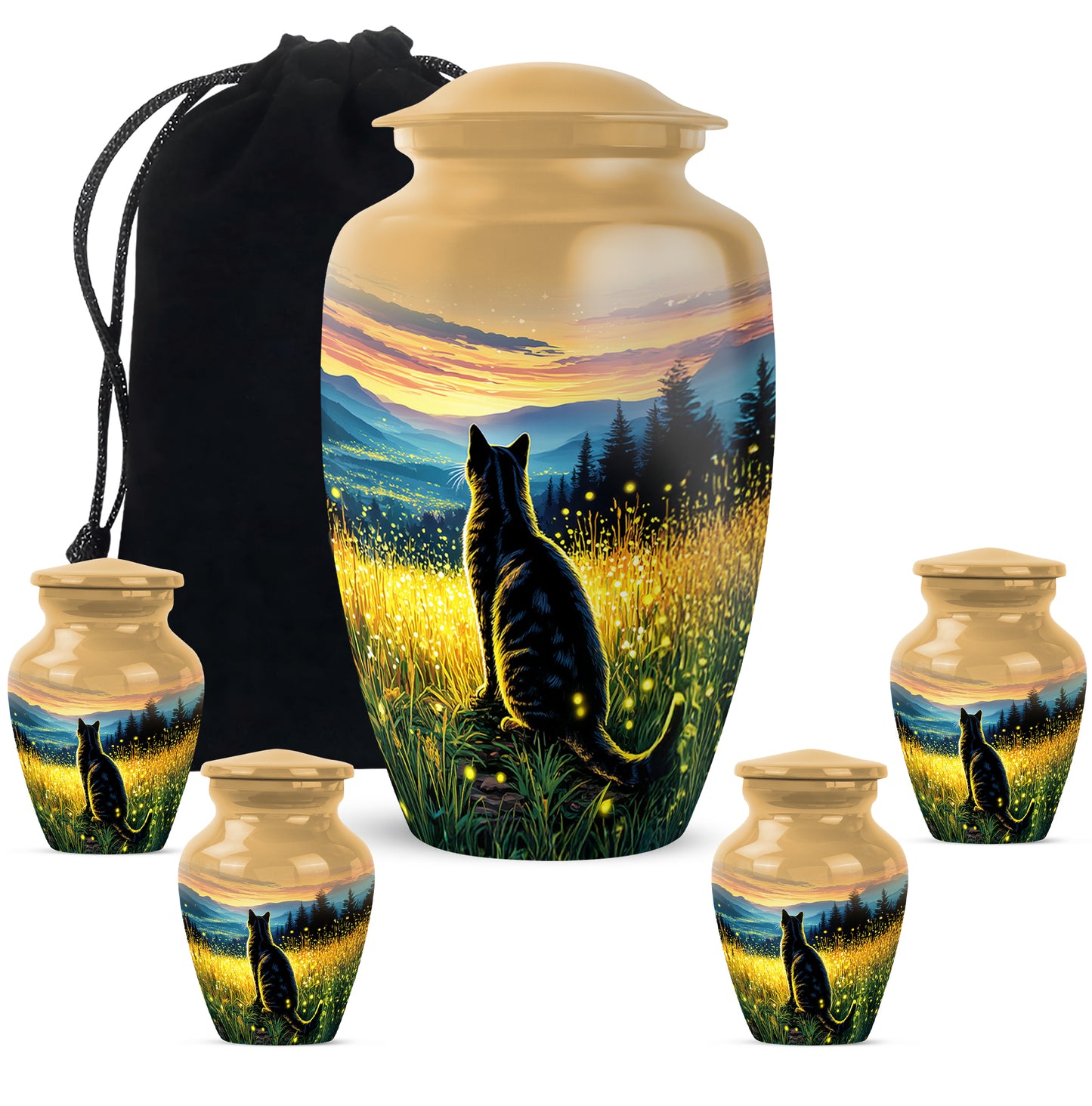 Burnished Gold Cat Cremation Urn top-down view of secure threaded lid - traditional cat engraving with hand-polished finish - memorial set with one large and four small urns