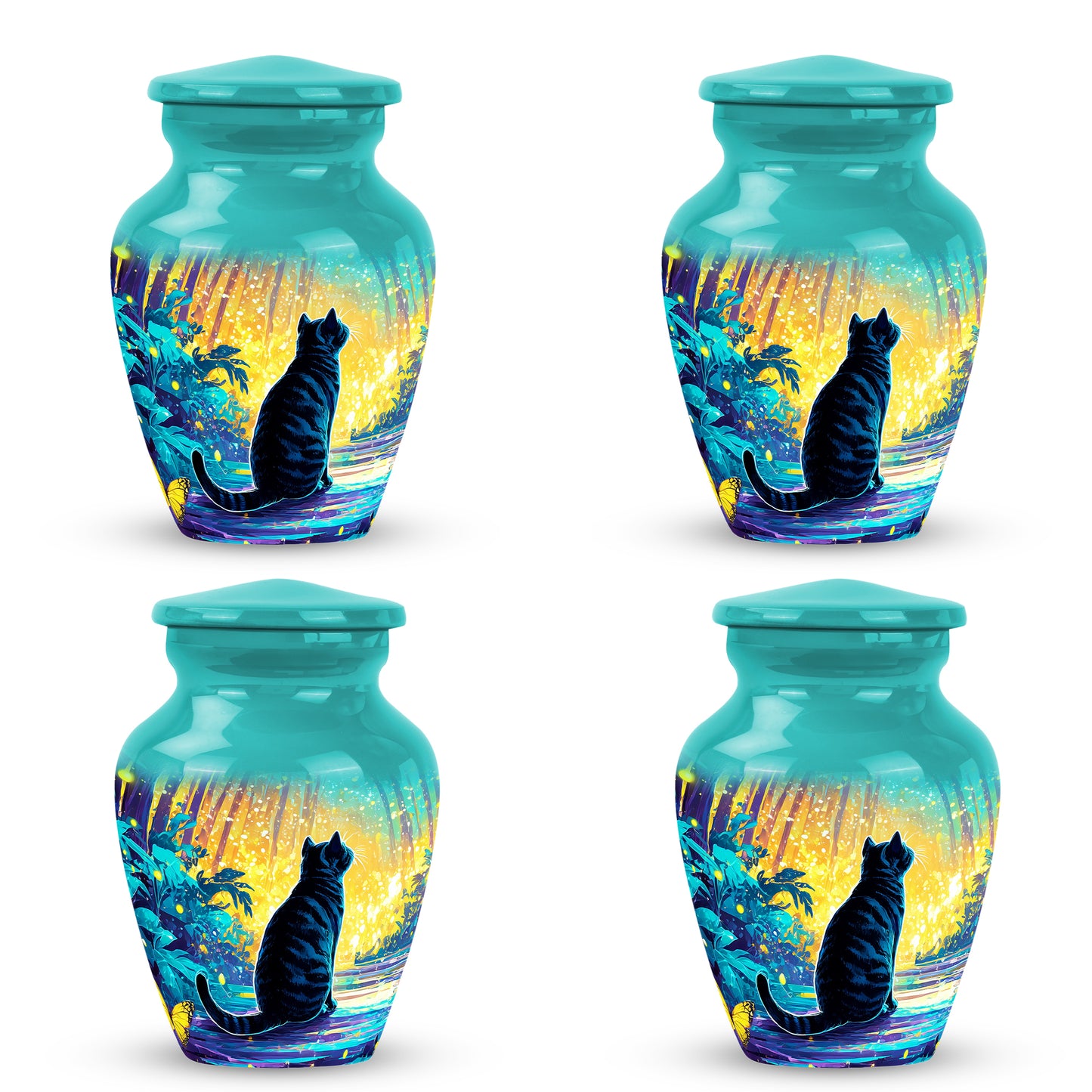 Deep Teal Cat Cremation Urn side profile showing urn shape - elegant classic cat relief with fine detailing - 10 inch aluminum urn for cremated remains