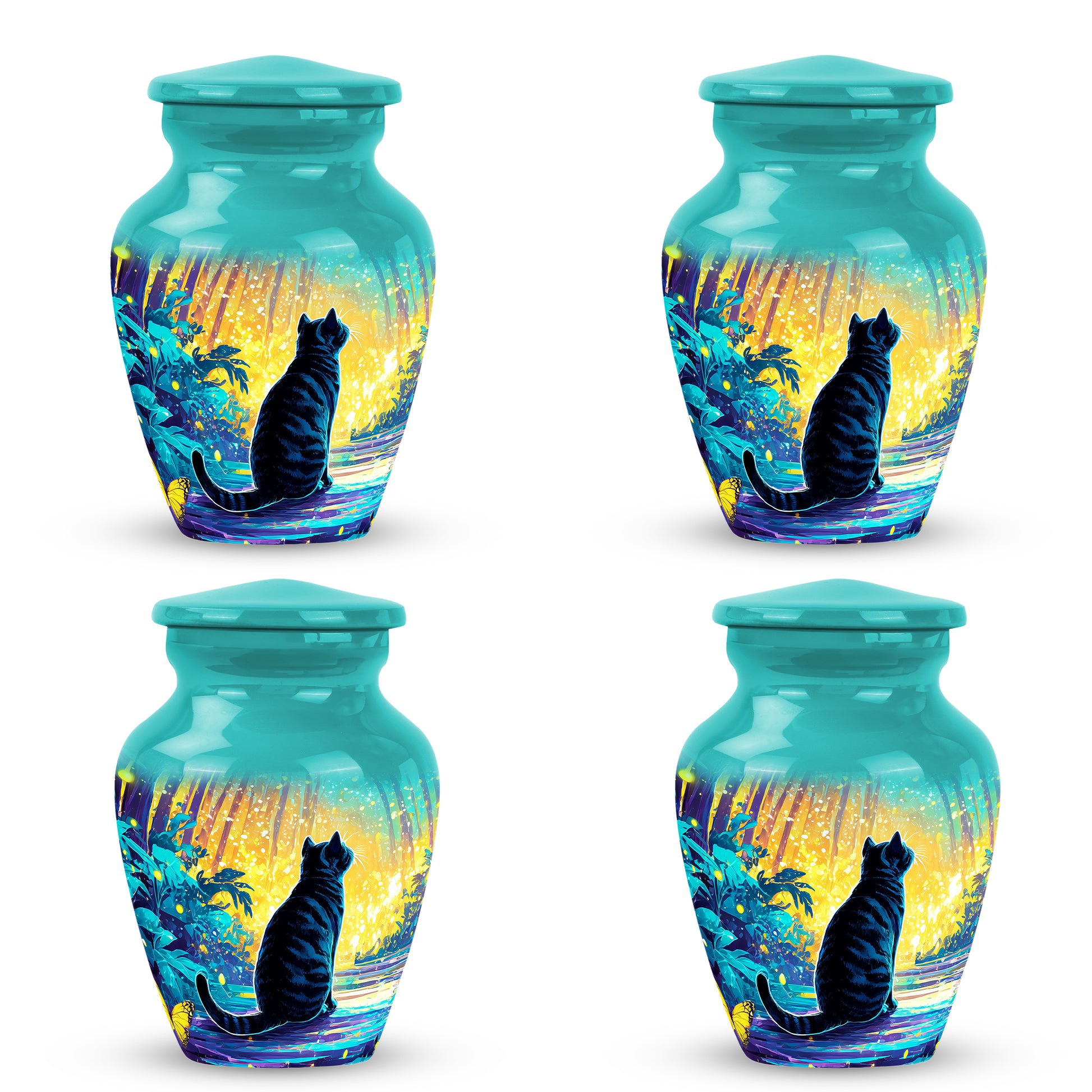 Deep Teal Cat Cremation Urn side profile showing urn shape - elegant classic cat relief with fine detailing - 10 inch aluminum urn for cremated remains