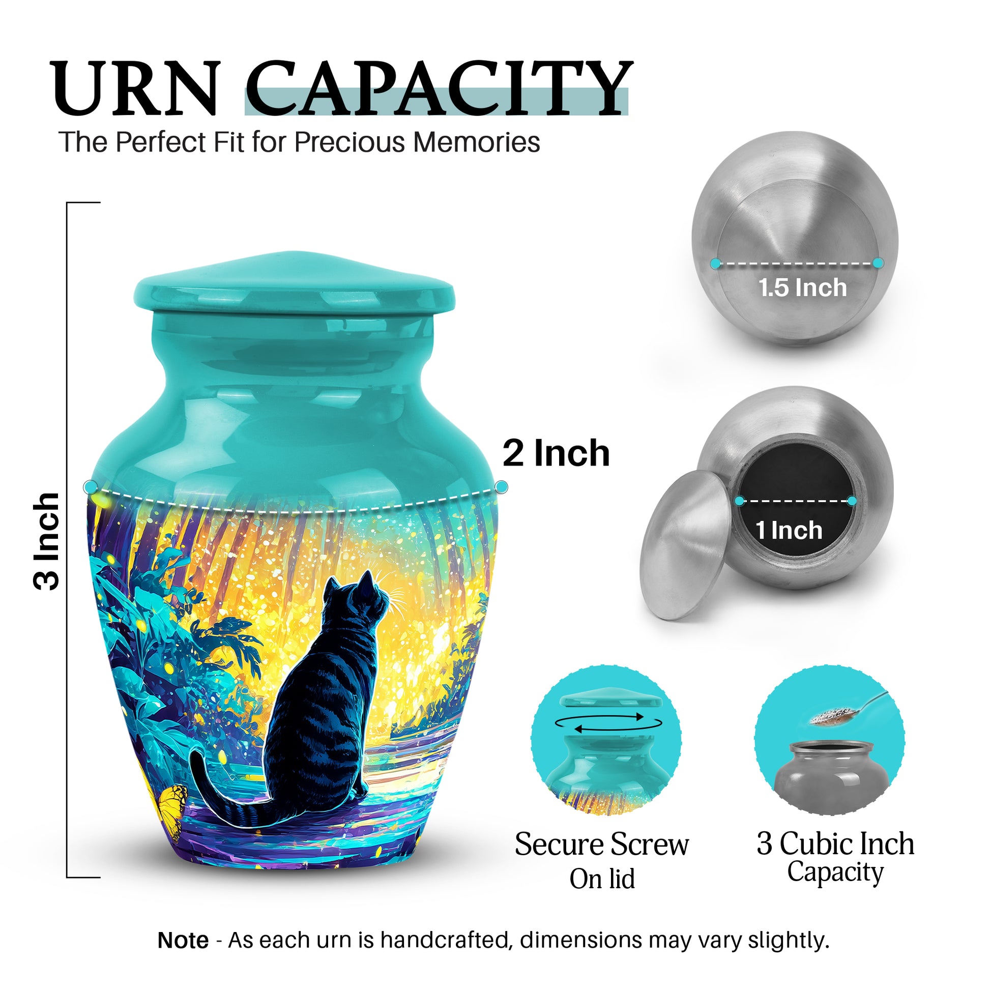 Tropical Teal Cat Cremation Urn close-up of engraving and surface detail - elegant classic cat relief with fine detailing - mini keepsake memorial for portion of cremation ashes