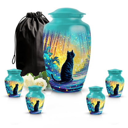Cool Teal Cat Cremation Urn top-down view of secure threaded lid - classic sculpted cat pattern on smooth aluminum - memorial set with one large and four small urns