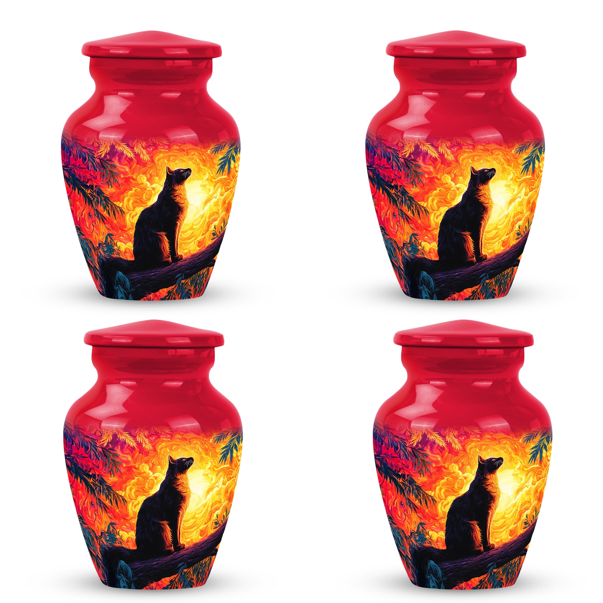 Deep Red Cat Cremation Urn side profile showing urn shape - classic sculpted cat pattern on smooth aluminum - 10 inch aluminum urn for cremated remains