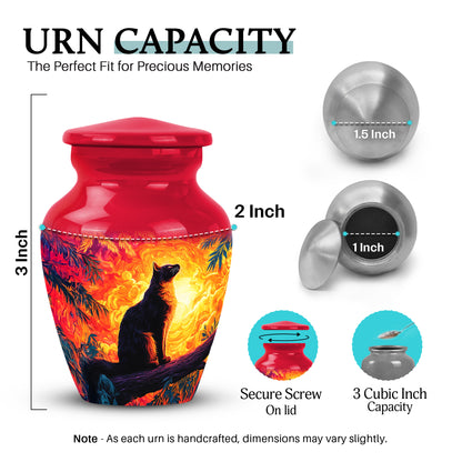 Fiery Red Cat Cremation Urn close-up of engraving and surface detail - elegant classic cat relief with fine detailing - mini keepsake memorial for portion of cremation ashes