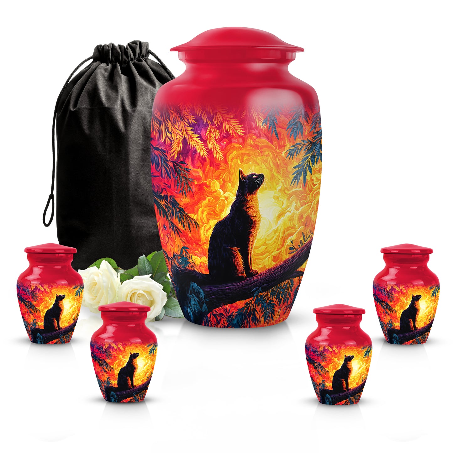 Wine Red Cat Cremation Urn top-down view of secure threaded lid - timeless cat motif etched into premium metal - memorial set with one large and four small urns