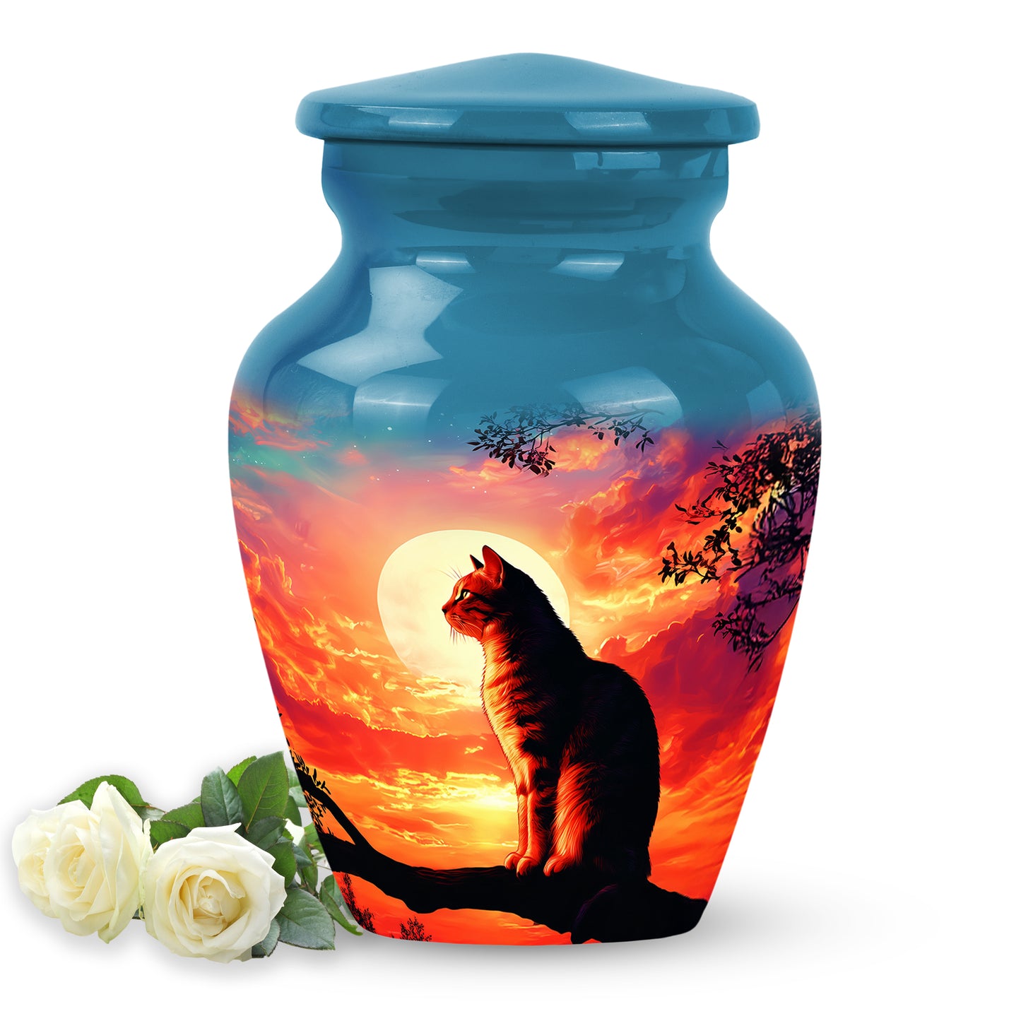 Blue Comforting Cat Memorial Urn for Ashes - 10-inch, 200 cu in - Yatskia