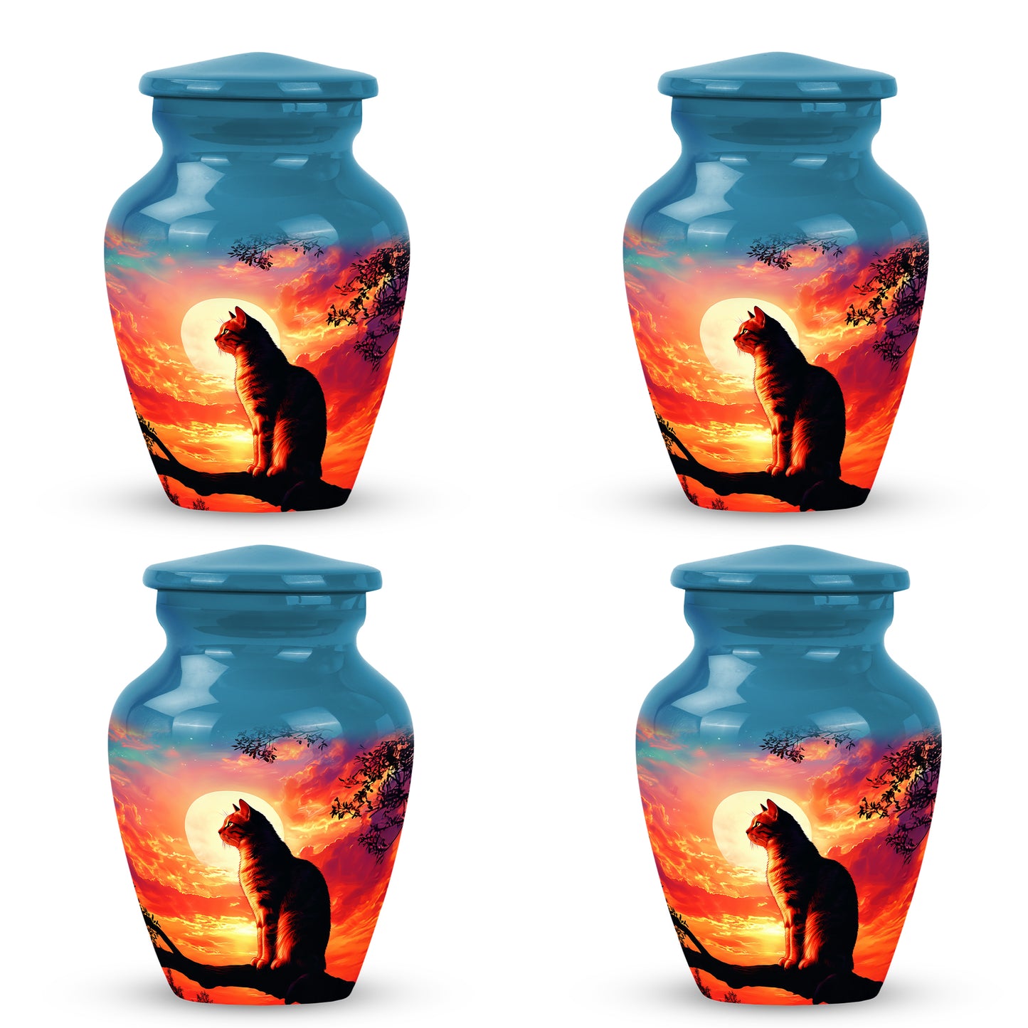 Bright Blue Cat Cremation Urn side profile showing urn shape - elegant classic cat relief with fine detailing - 10 inch aluminum urn for cremated remains