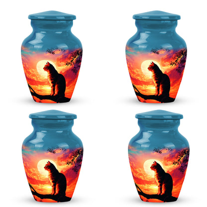 Bright Blue Cat Cremation Urn side profile showing urn shape - elegant classic cat relief with fine detailing - 10 inch aluminum urn for cremated remains