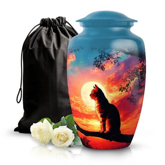 Azure Cat Cremation Urn angled view of lid and engraved motif - timeless cat motif etched into premium metal - full-size 10 inch 200 cubic inch adult cremation urn