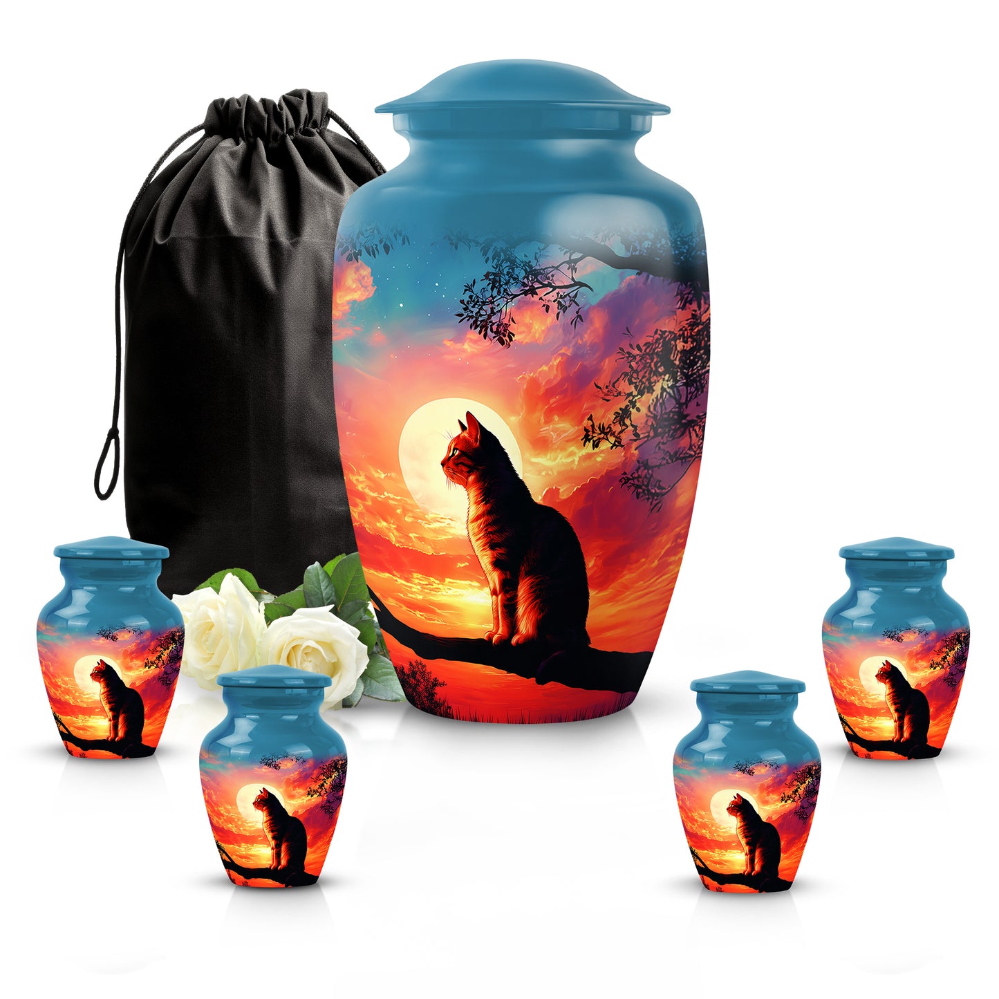 Royal Blue Cat Cremation Urn top-down view of secure threaded lid - elegant classic cat relief with fine detailing - memorial set with one large and four small urns