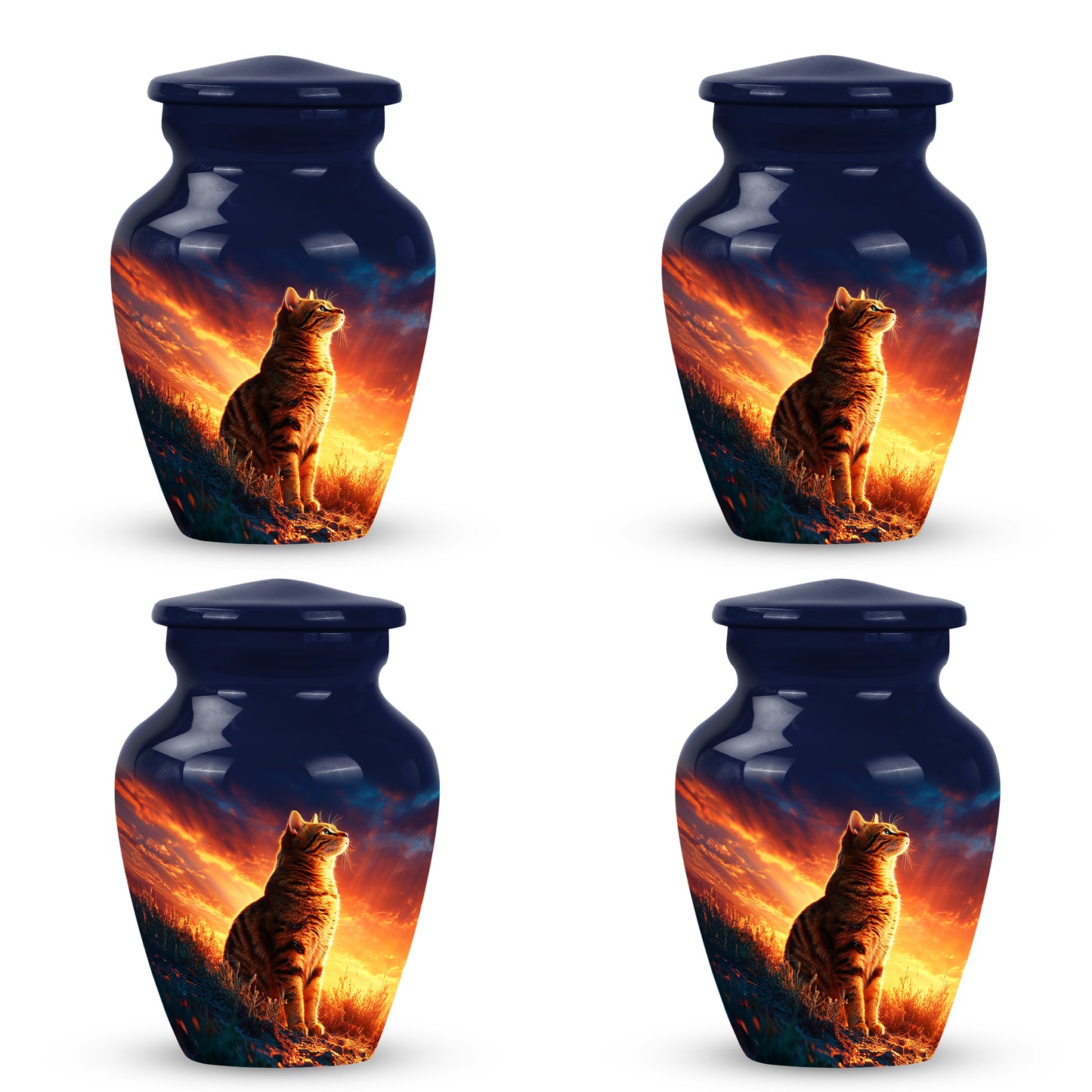 Navy Blue Cat Cremation Urn side profile showing urn shape - classic sculpted cat pattern on smooth aluminum - 10 inch aluminum urn for cremated remains