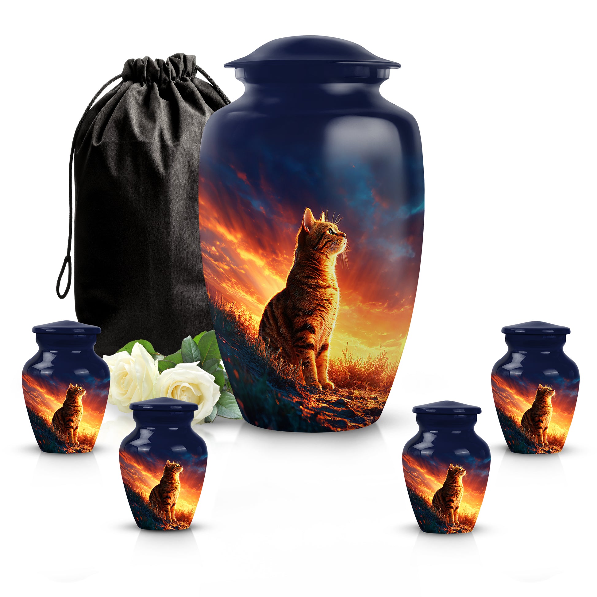 Azure Cat Cremation Urn top-down view of secure threaded lid - timeless cat motif etched into premium metal - memorial set with one large and four small urns