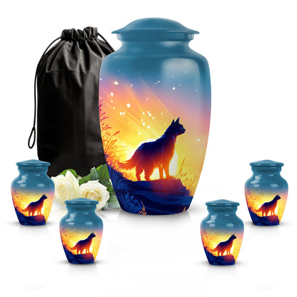 Slate Blue Cat Cremation Urn top-down view of secure threaded lid - classic sculpted cat pattern on smooth aluminum - memorial set with one large and four small urns