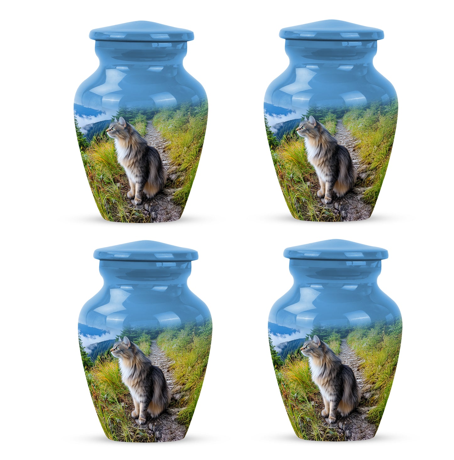 Slate Blue Cat Cremation Urn side profile showing urn shape - classic sculpted cat pattern on smooth aluminum - 10 inch aluminum urn for cremated remains