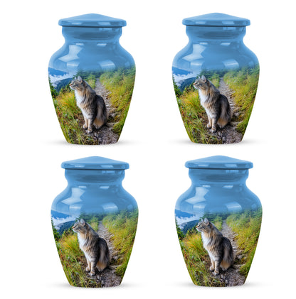 Slate Blue Cat Cremation Urn side profile showing urn shape - classic sculpted cat pattern on smooth aluminum - 10 inch aluminum urn for cremated remains