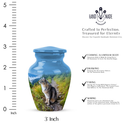 Serene Blue Cat Cremation Urn close-up of engraving and surface detail - elegant classic cat relief with fine detailing - mini keepsake memorial for portion of cremation ashes